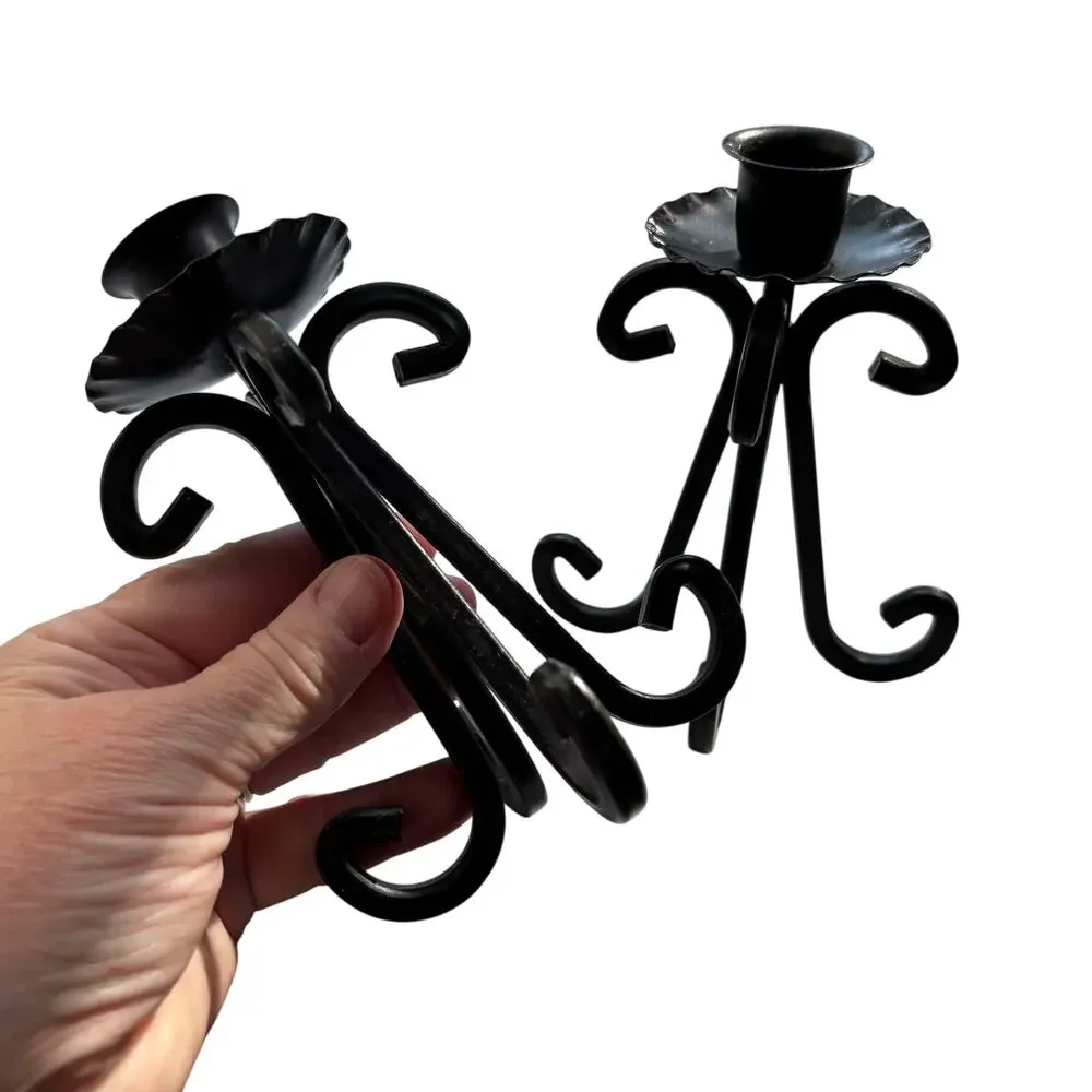 Vintage black wrought iron taper candle holders PAIR Spanish Revival mid century